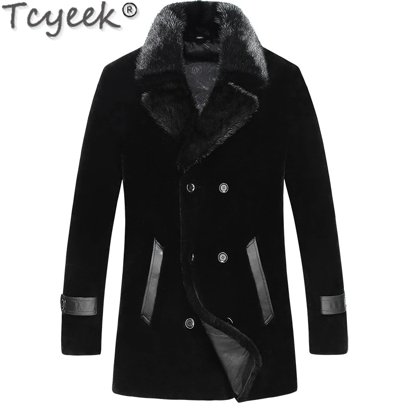 

Tcyeek Fashion Casual Wool Coat Mid-long Sheep Shearling Jackets Man Winter Warm Mens Real Fur Coats Mink Fur Collar Chaquetas