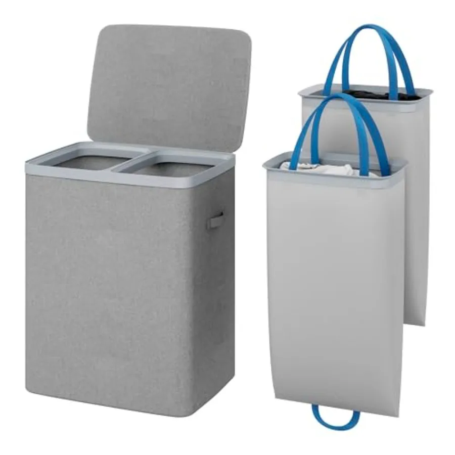 

Laundry Hamper with lid, 100L Large Capacity Foldable Laundry Basket with Dual Compartments for Light and Dark Clothes, Removab