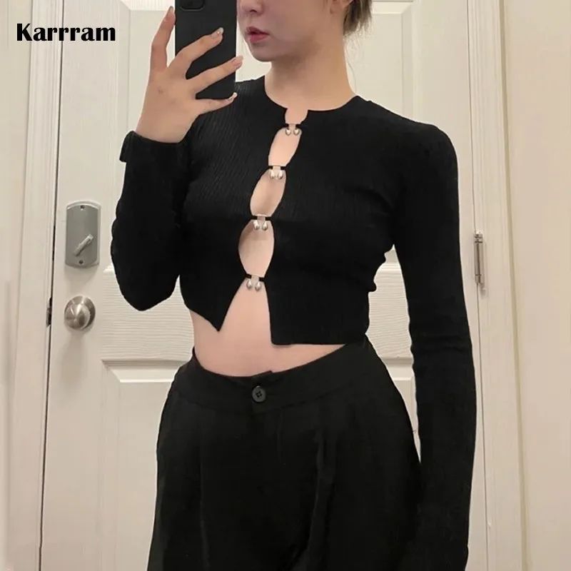 Karrram Korean Fashion Designer Clothes Hollow Out Crop Tops Slim Black Irregular Tops Streetwear Long Sleeve Ribbed T-shirts