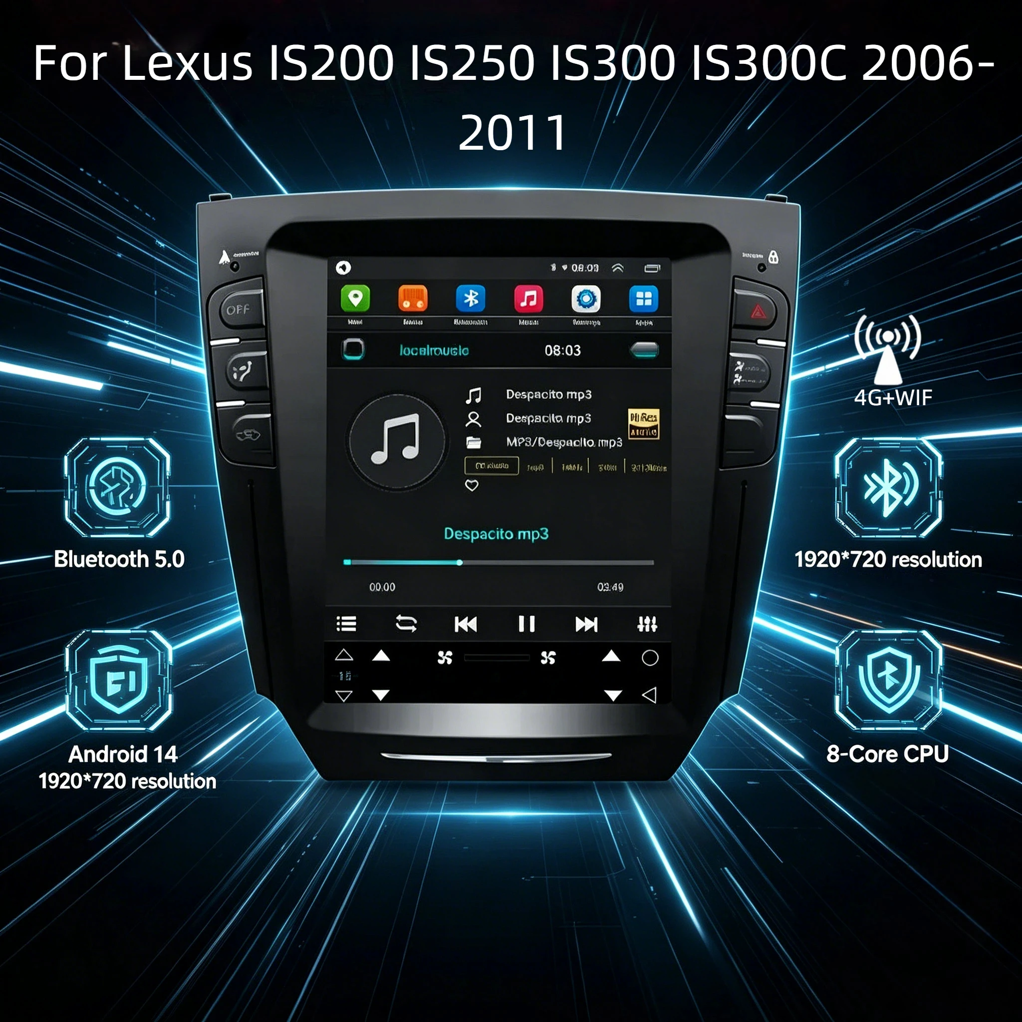 Android14 CarPlay Vertical Screen Car Radio GPS Navi Video Player Multimedia Stereo For Lexus IS200 IS250 IS300 IS300C 2006-2011