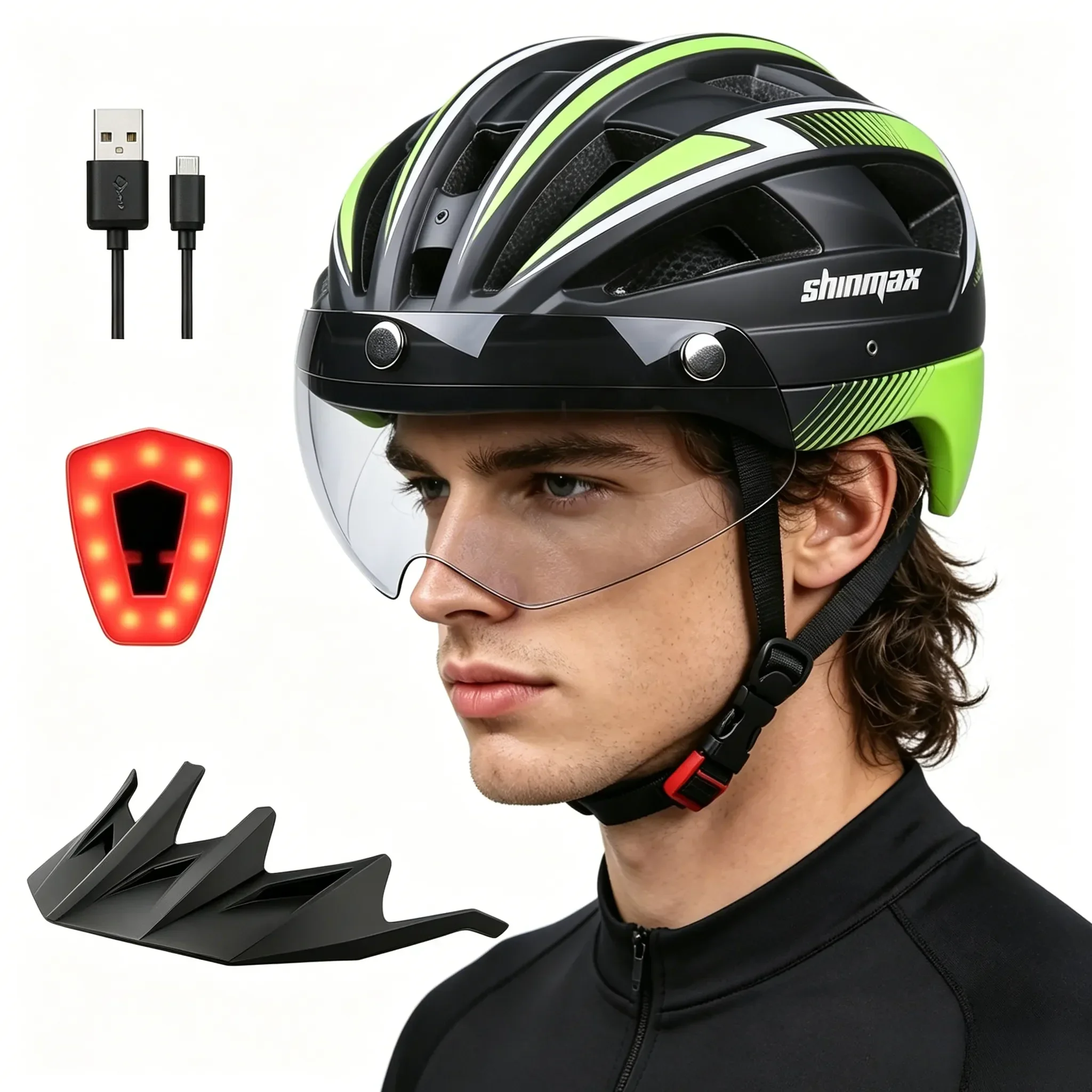 

Men's Bicycle Helmet MTB Helmet Cycling with Rechargeable Light Adjustable Detachable Visor & Removable Magnetic Goggles