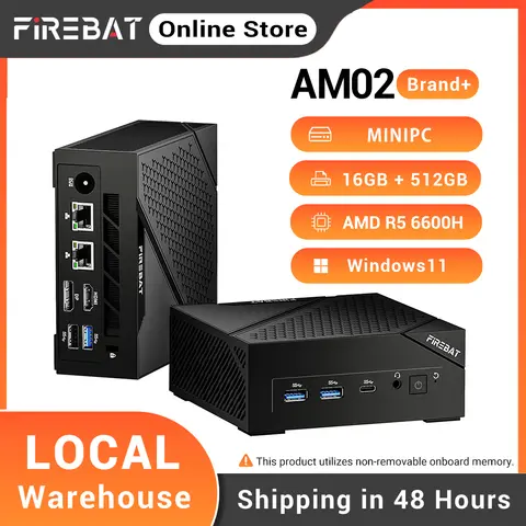 FIREBAT AM02 Mini PC AMD Ryzen5 6600H LPDDR5 16GB RAM M.2 PCIe 512GB SSD WiFi 6 BT 5.2 1000M LAN Windows 11 Desktop Computer