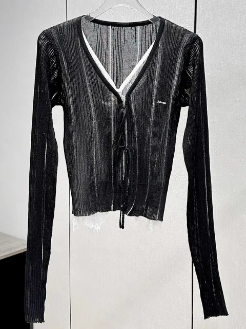 

Ретро-кардиган женский с V-образным вырезом, кружевной, вязаный, приталенный, с длинным рукавом, из мягкого полиэстера, для повседневной носки, весна