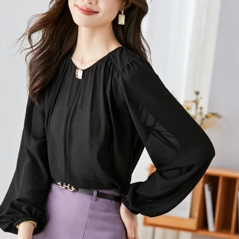 Spring and Autumn Women's Pullover Round Neck Solid Diamonds Loose Fit Long Sleeve Chiffon Shirt Fashion Elegant Commuter Tops
