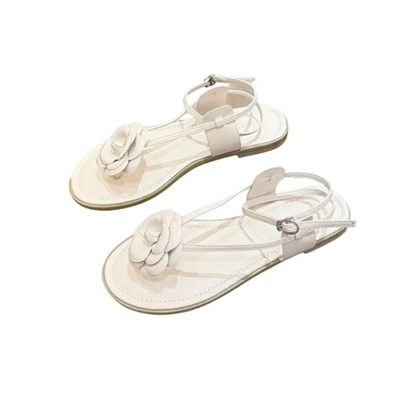 

Ladies Sandals Black Flat Shoes Woman Thong White Flowers Bohemia Beach Shoes Summer Designer Sandals Casual Flats