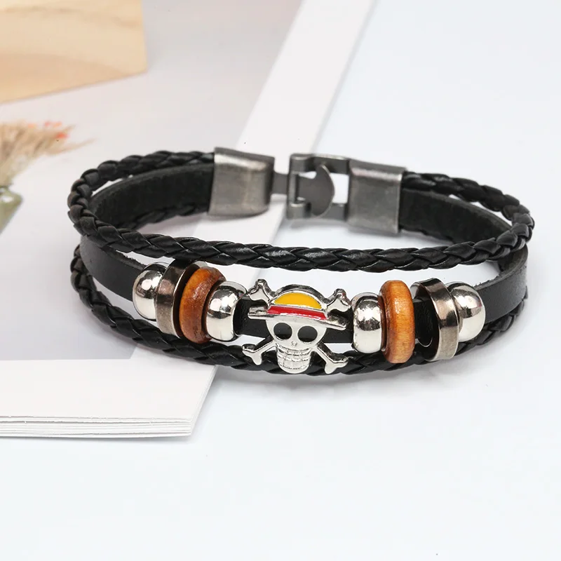 Anime One Piece Pirate Bracelet Cartoon Action Doll Lufei Straw Hat Punk Black Leather Woven Bracelet Toy Birthday Gift