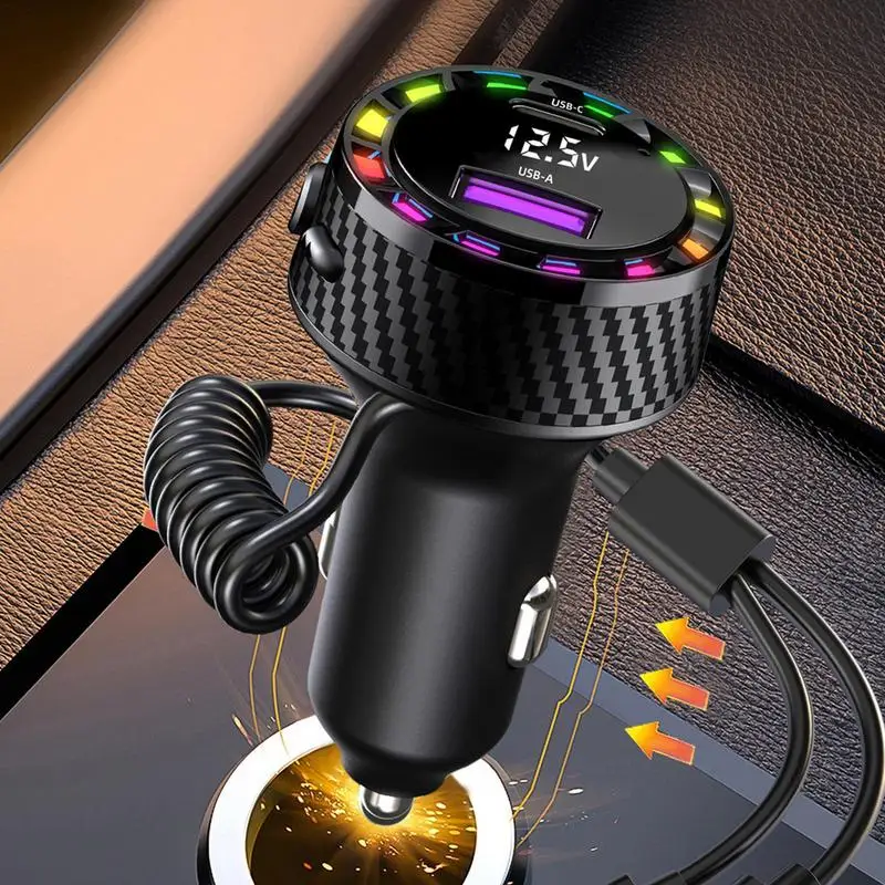 Phone Charger For Car 2 Ports Car Charging Adapter With Coiled Cord Fast Charging Cell Phone Car Charger With Colorful Light