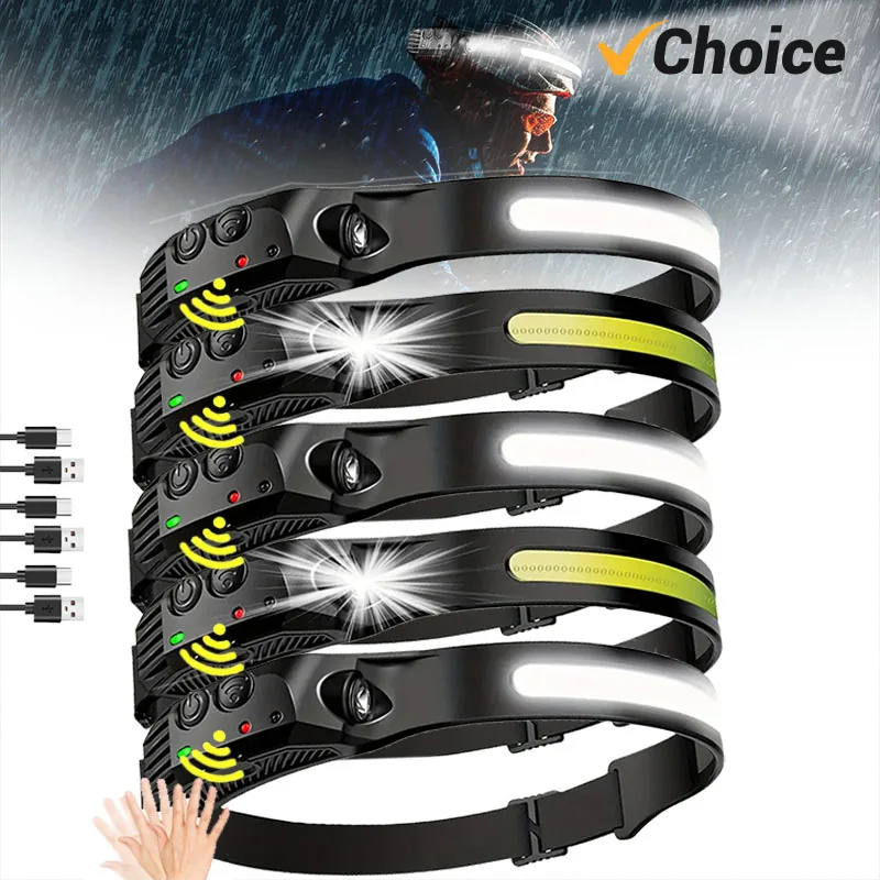 Linterna frontal con Sensor, linterna LED recargable por USB, linterna XPE + COB para acampar, resistente al agua, para pesca al aire libre, 1/2/3 Uds.