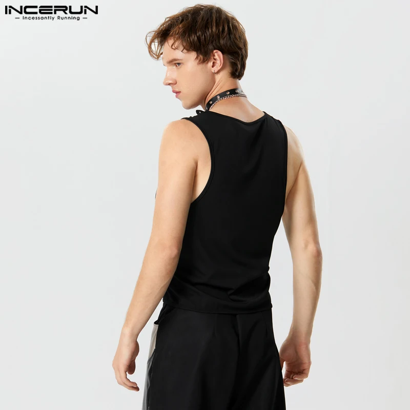 2023 Men Tank Tops Solid Color O-neck Sleeveless Fashion Casual Vests Lace Up Hollow Out Streetwear Men Clothing S-5XL INCERUN