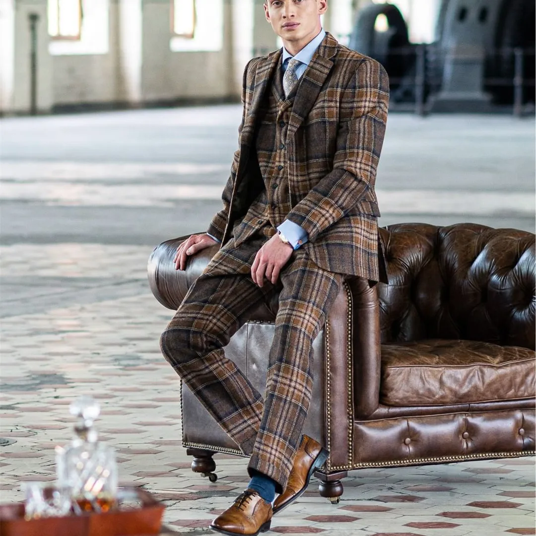 Brown Plaid Men Suit Tailor-Made 3 Pieces Blazer Vest  Pants Single Breasted Fashion Work Wedding Groom Causal Prom Tailored