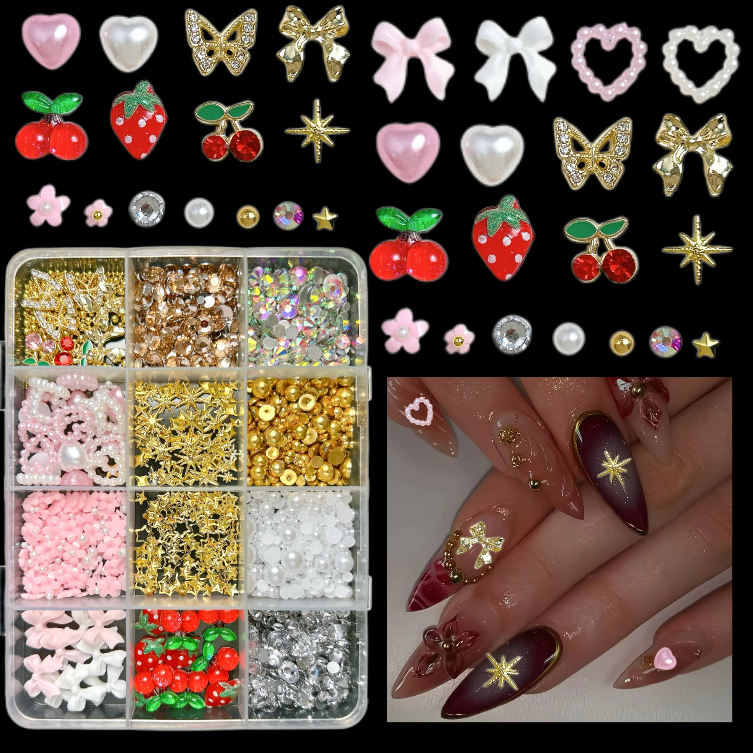 1 صندوق عشوائي مختلط سبيكة فراشة الكرز مسمار السحر شفافة القوس زهرة مقلد اللؤلؤ مختلط مسمار الفن زينة DIY الأظافر
