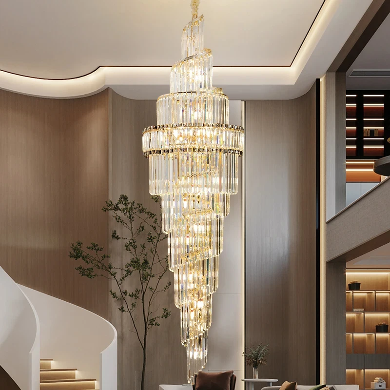 

Luxury Villa Hollow Duplex Large Chandelier K9 Crystal Hall Spiral Staircase Post-modern Living Room Hotel Lobby Lights Loft