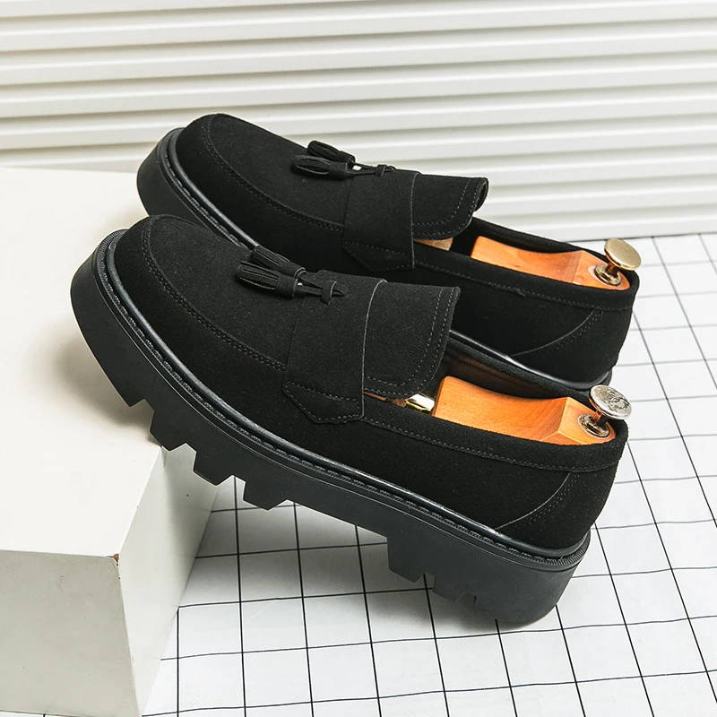 Hight Quality Spring British Street Style Suede Leather Loafers For Men Black Hombre Daily Dress Slip-On Height Increasing Shoes