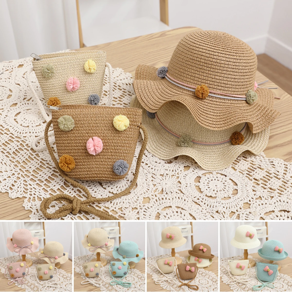 Kids Girls Large Wide Brim Straw Woven Sunshade Beach Hat Colorful Pompom Ball Summer Floppy Sun Cap Handbag for Girls Baby