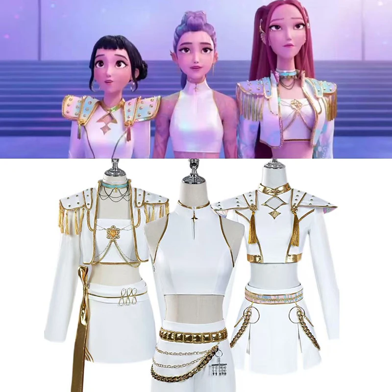 

Movie Rumi Mira Zoey White Cosplay Costume For Girl Halloween Carnival Hunters Girl Group Idol Print Dress Up Adult Party Outfit