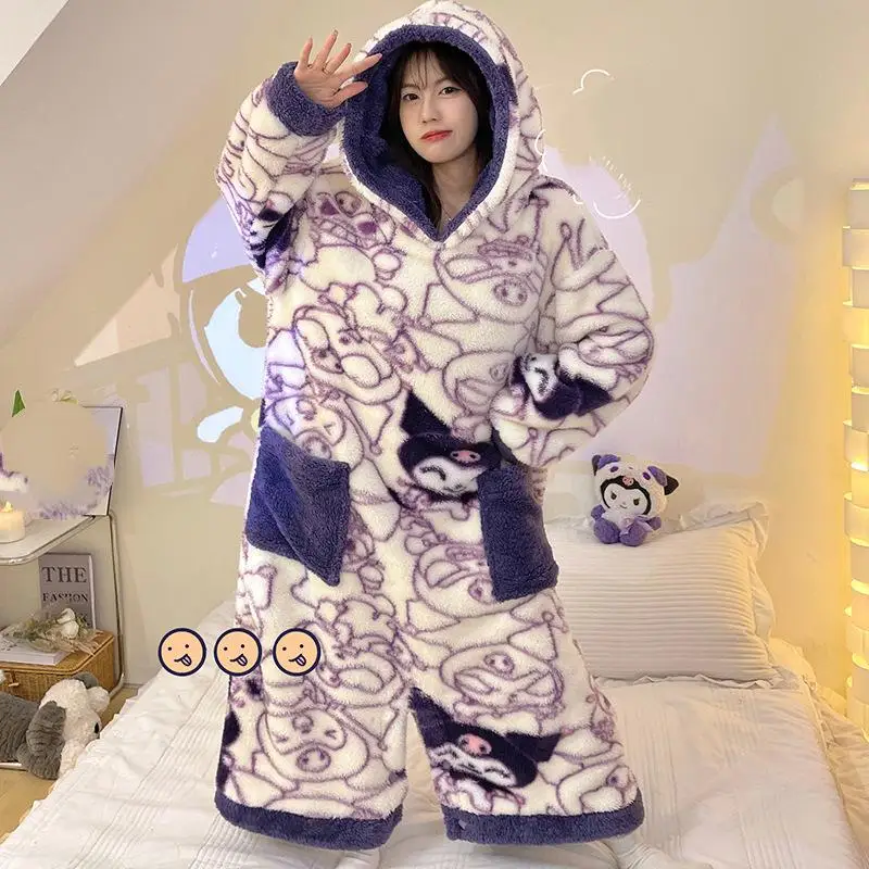 Sanrio Girl Thickening Hooded Winter Jumpsuit Nightgown Kawaii Kuromi Comic Student Keep Warm Pajama Set Fashion Leisure Wear