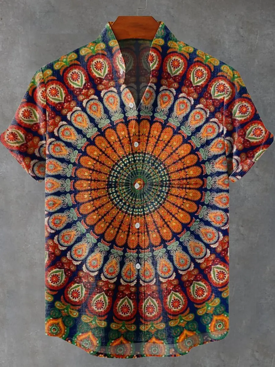 

Мужская рубашка с коротким рукавом с цветочным узором мандалы и коротким рукавом, летняя винтажная новая льняная рубашка, мужская рубашка с коротким рукавом