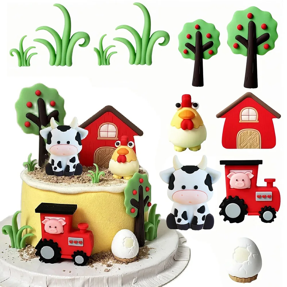 11 Uds. Adorno para tarta de animales de granja, adorno para tarta de vaca de granja, adorno para tarta de animales de dibujos animados, adorno para tarta de Tractor de granja, fiesta temática de animales de granja