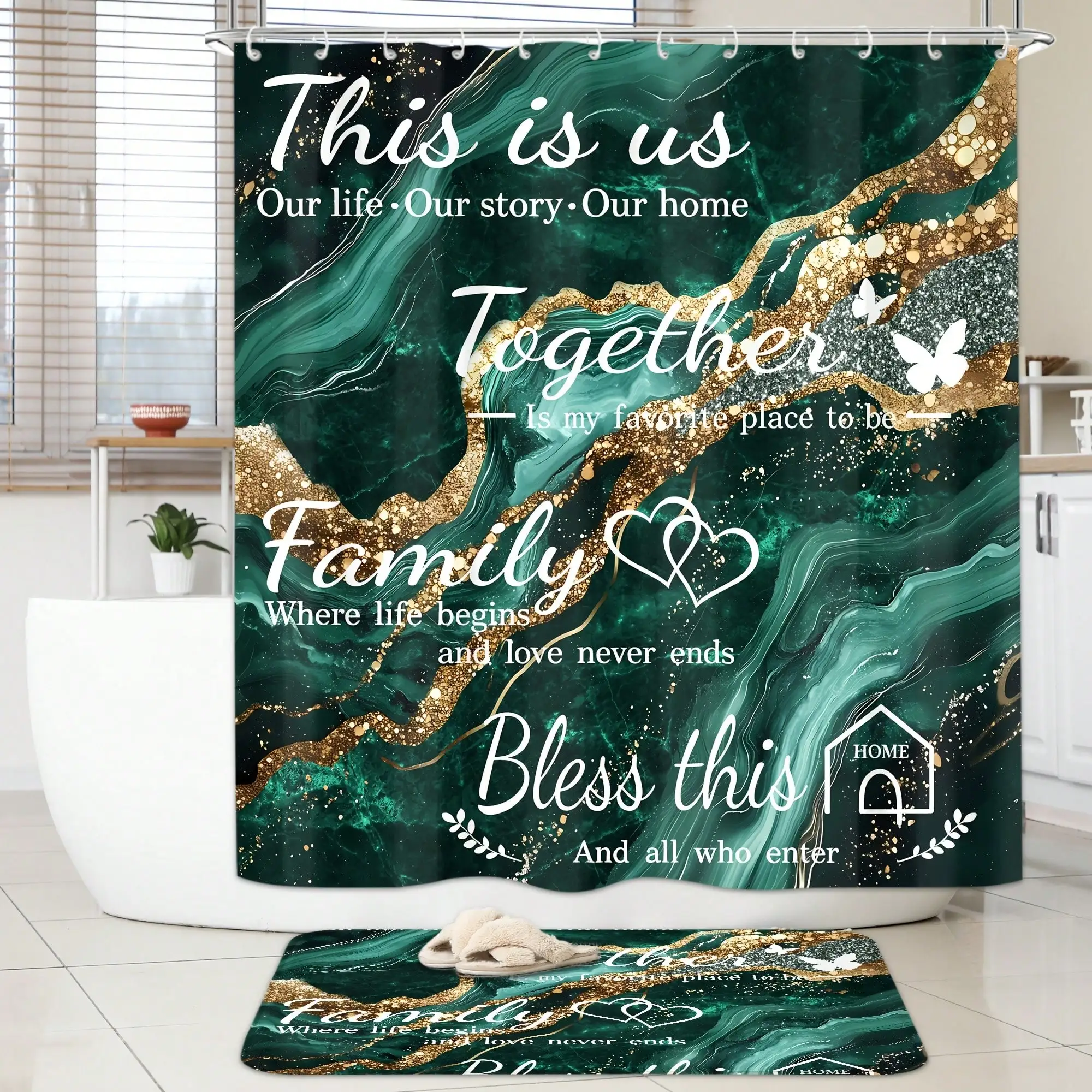 [Luxury Marble Bathroom Set] 4pcs Family Shower Curtain Set, Luxury Marble Bathroom Sets Full Set, Golden Green Shower Curtain with, Includes 12 Hooks, Toilet Lid Cover, Non-Slip U-Shaped, Decorative Bath Curtain for Home - view 5