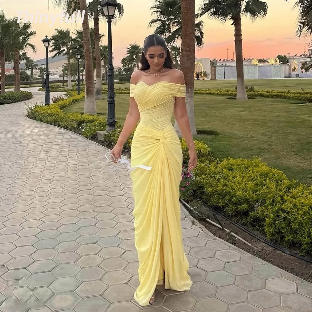 

Thinyfull Chiffon Mermaid Arab Prom Dresses Off Shoulder Pleat Evening Dress Holiday Style Gown Robe De Soirée Customized ﻿