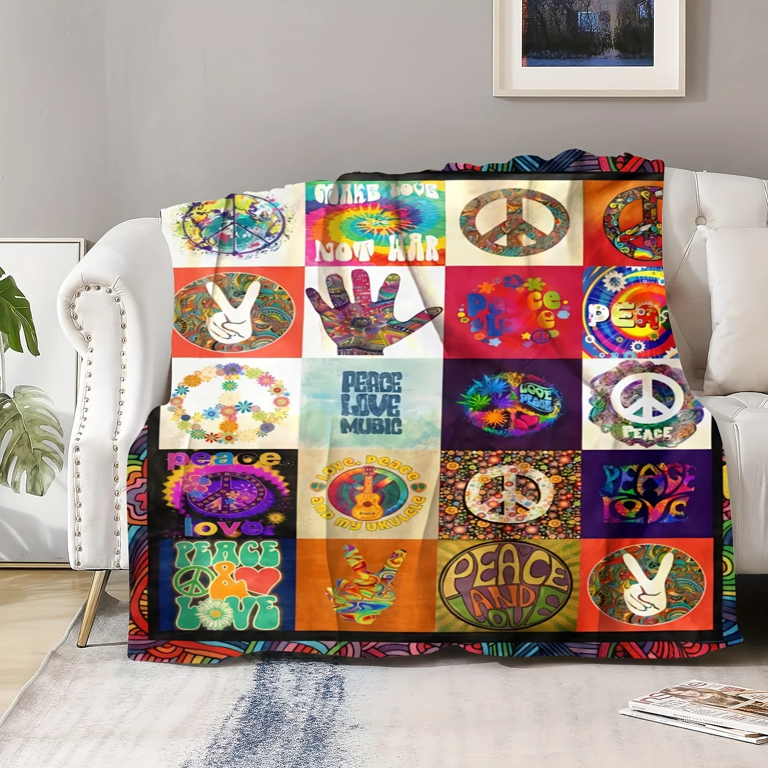 Psychedelic Hippie Boho Throw Blanket Fleece Sofa Cover Peace Love Retro Mosaic Pattern Decorative Cozy Throw for Festival