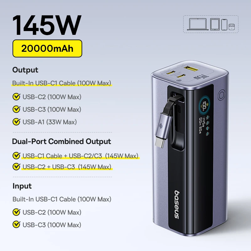 Baseus 145W Power Bank 20800mAh Dual USB A USB C PD 100W Snel opladen Digitaal display Draagbare PowerBank voor Laptop Telefoon Stoom