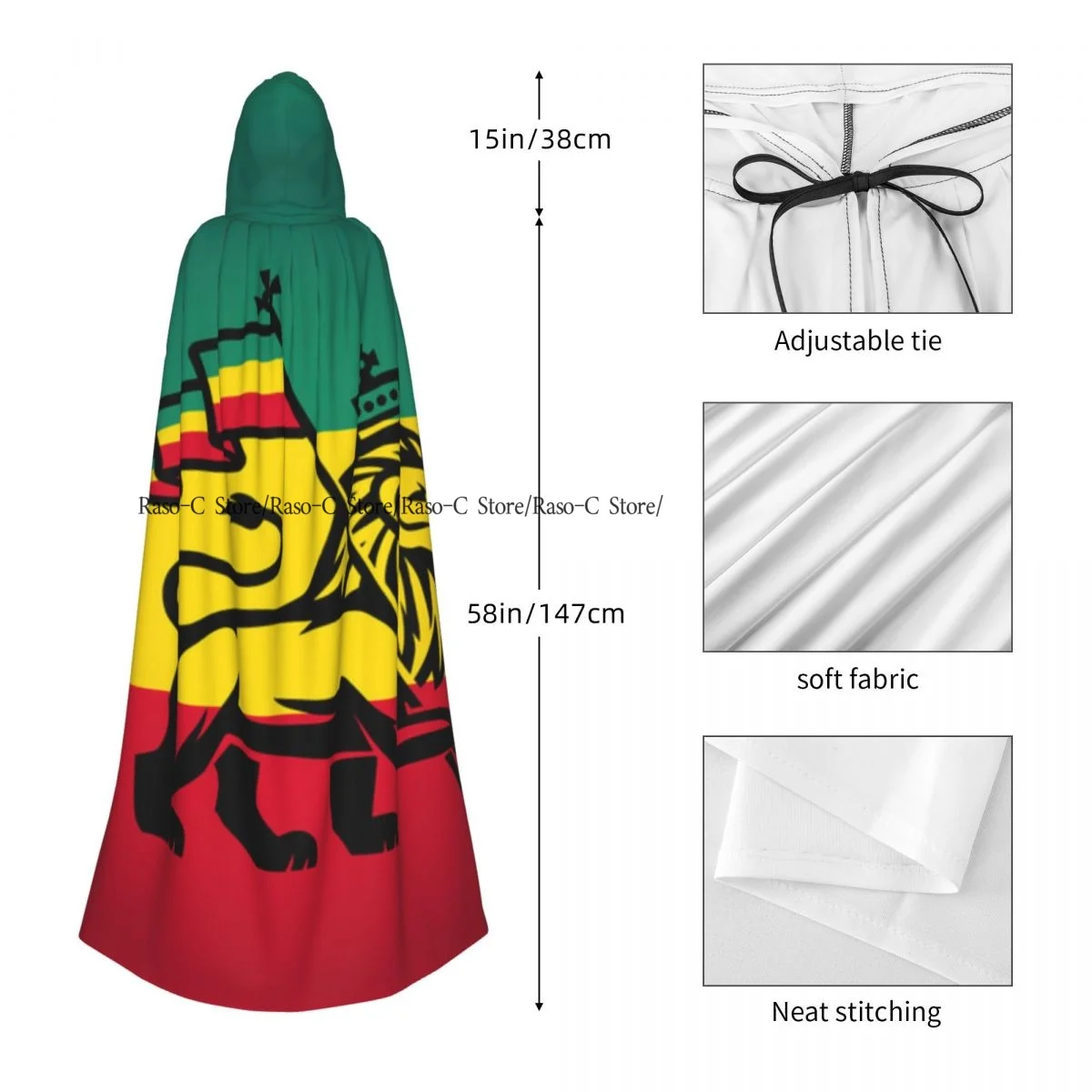 Lion A Rastafari Flag Jungle Reggae Hooded Cloak Polyester Unisex Witch Cape Costume Accessory