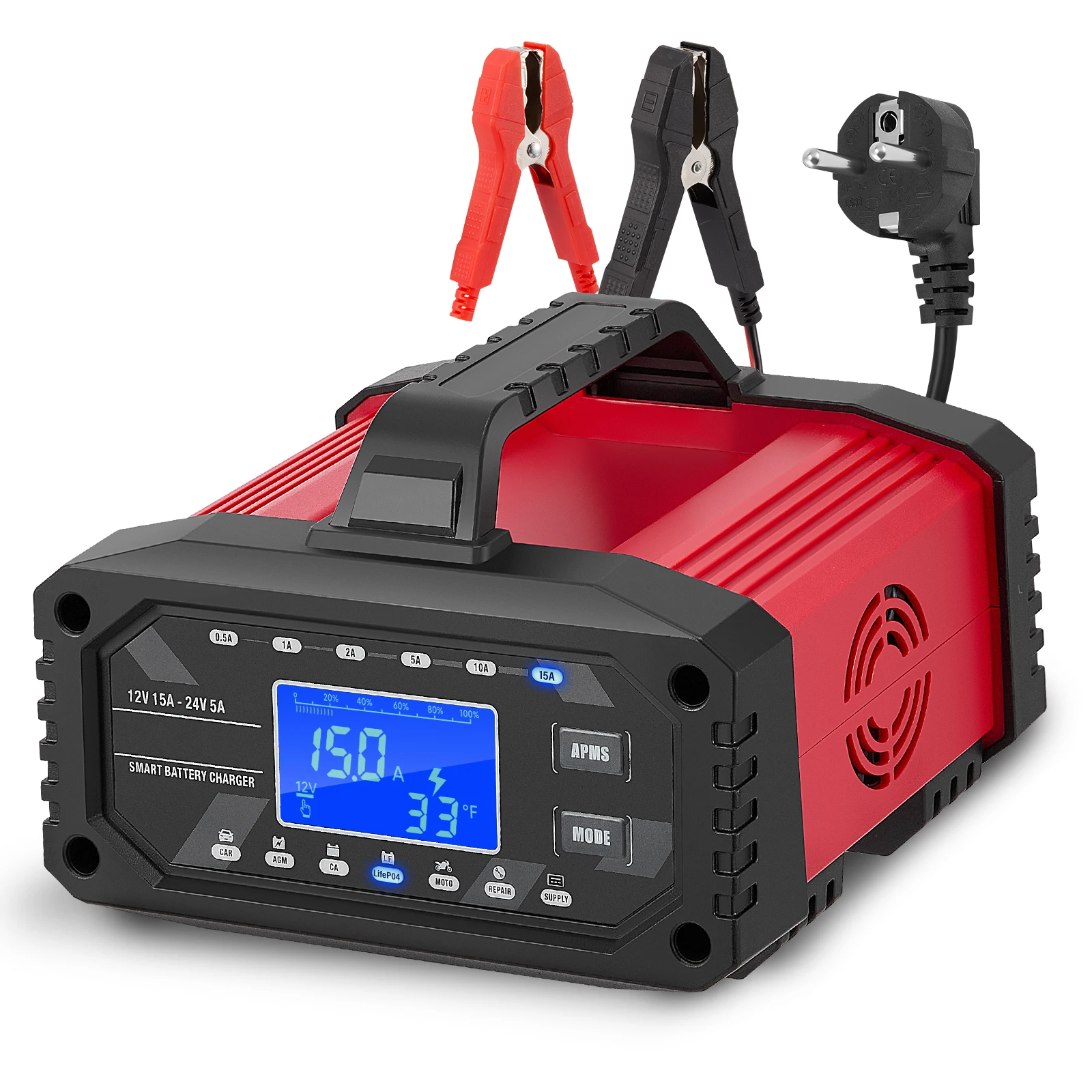 Cargador de Batería Inteligente Portátil de 15A para Automóviles, para Baterías de Plomo-Ácido, AGM, GEL y LiFePo4 de 12V-24V, Reparación por Pulsos
