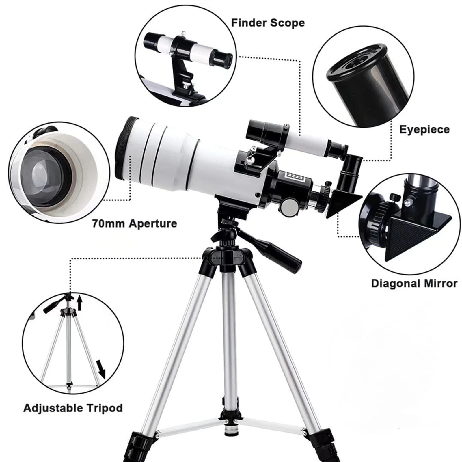 Telescope for Adults & Kids 70mm Aperture Astronomical Refractor Telescopes for Astronomy Beginners (15X-150X), 300mm Portable