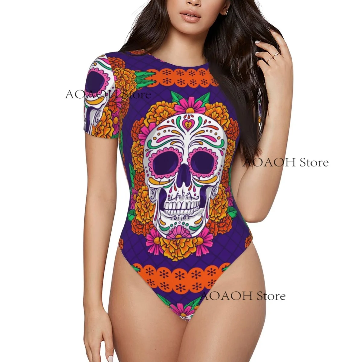 Skull Flower Women's Casual Crewneck Leggings Jumpsuit Tight Sexy Short Sleeved