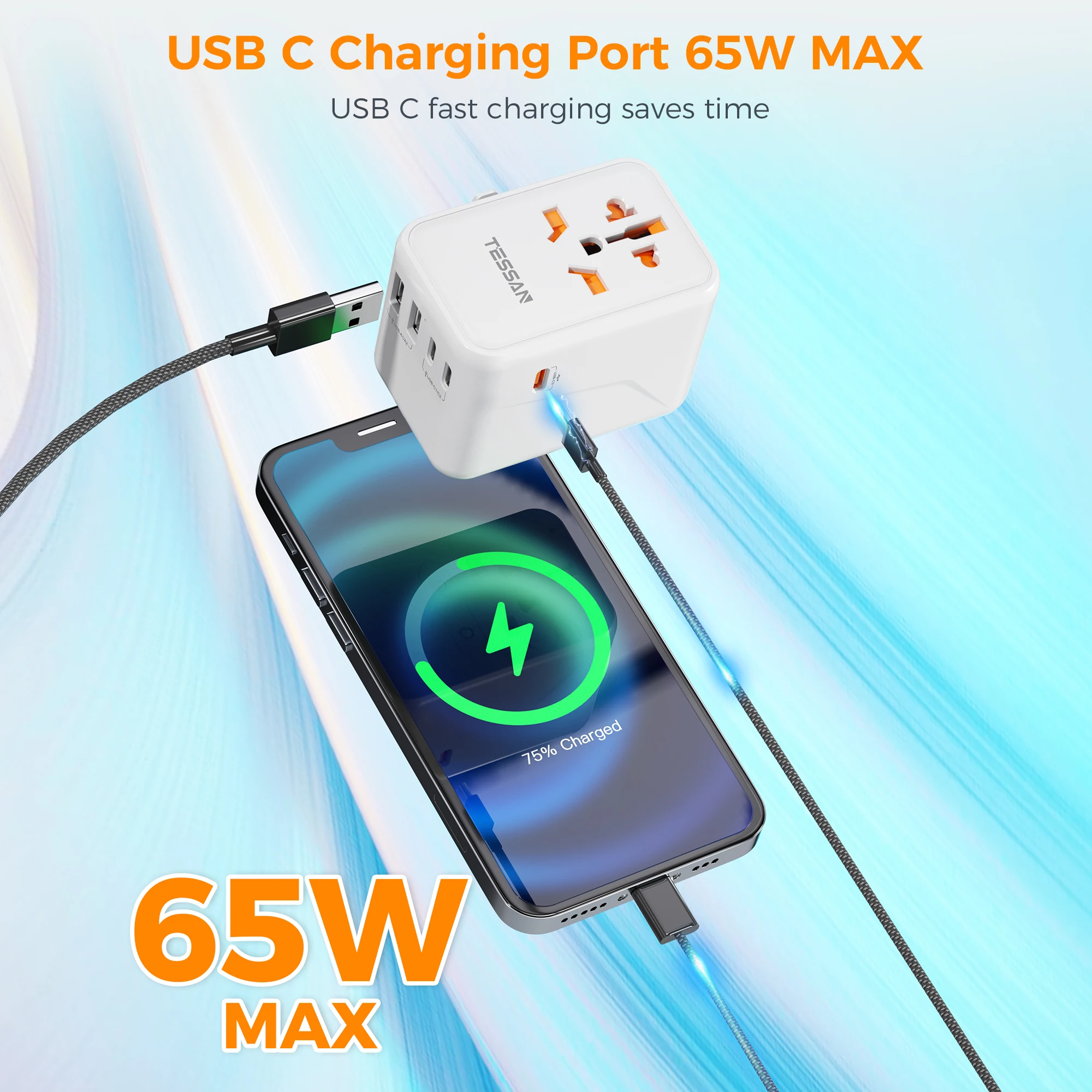 TESSAN 65W GaN 여행용 어댑터 범용 소켓, USB 3개, C형 고속 충전 국제 전원 어댑터 EU/UK/USA/AUS 플러그 포함 여행용 멀티 어댑터 멀티어댑터 65w 여행용 멀티어댑터 멀티어댑터 여행용