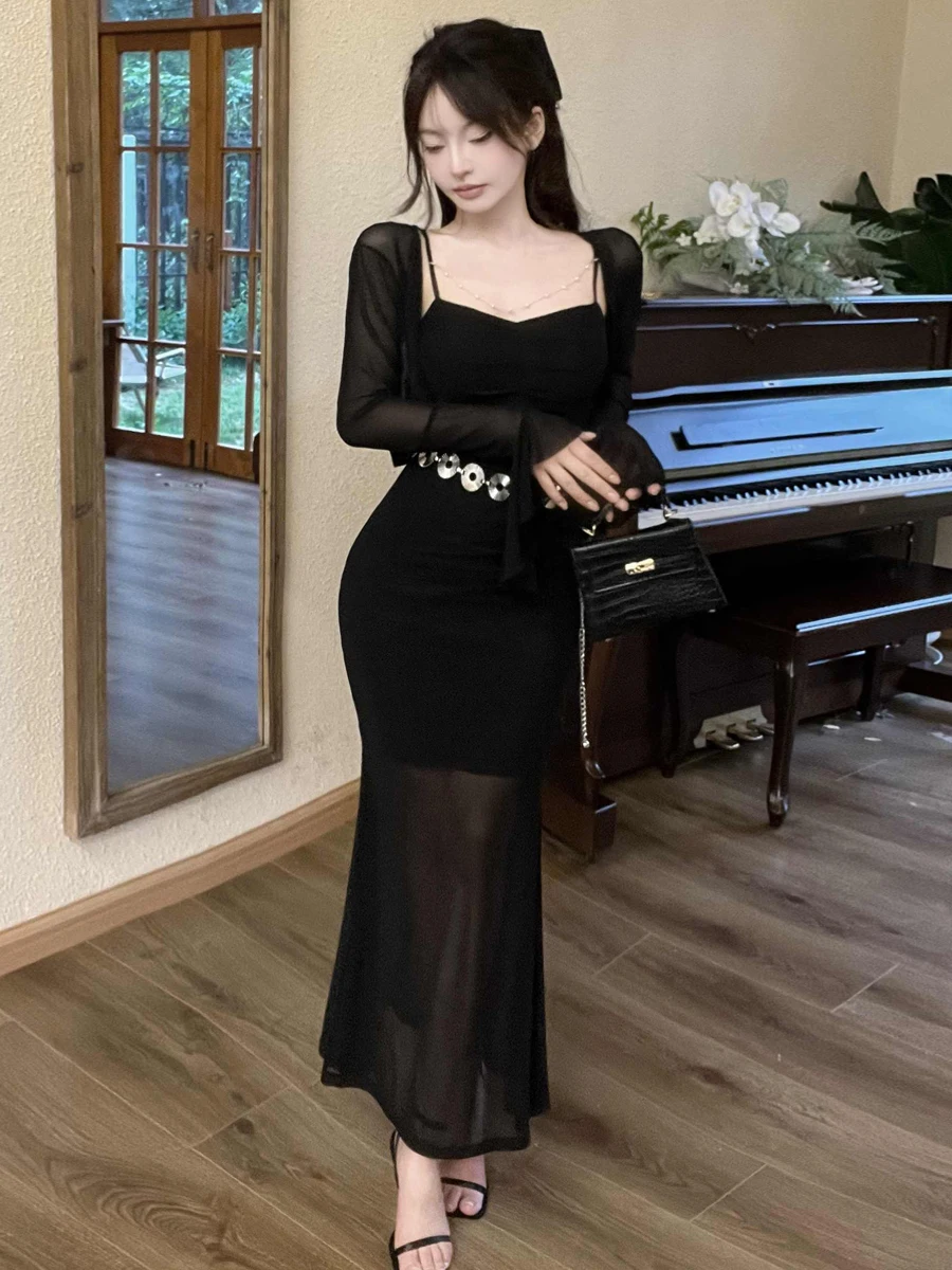 Sexy Lady Square Collar Slim Fit Mesh Splice Strap Long Sleeve Open Cardigan Outerwear Elegant Set with Waist Chain