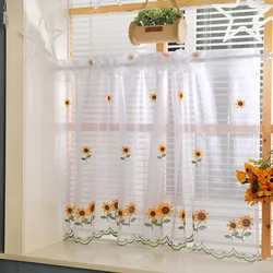 Embroidery Short Tulle Curtains for Living Room, Lace Half Curtains for Kitchen Bathroom Door, Home Drapes American Sunflower