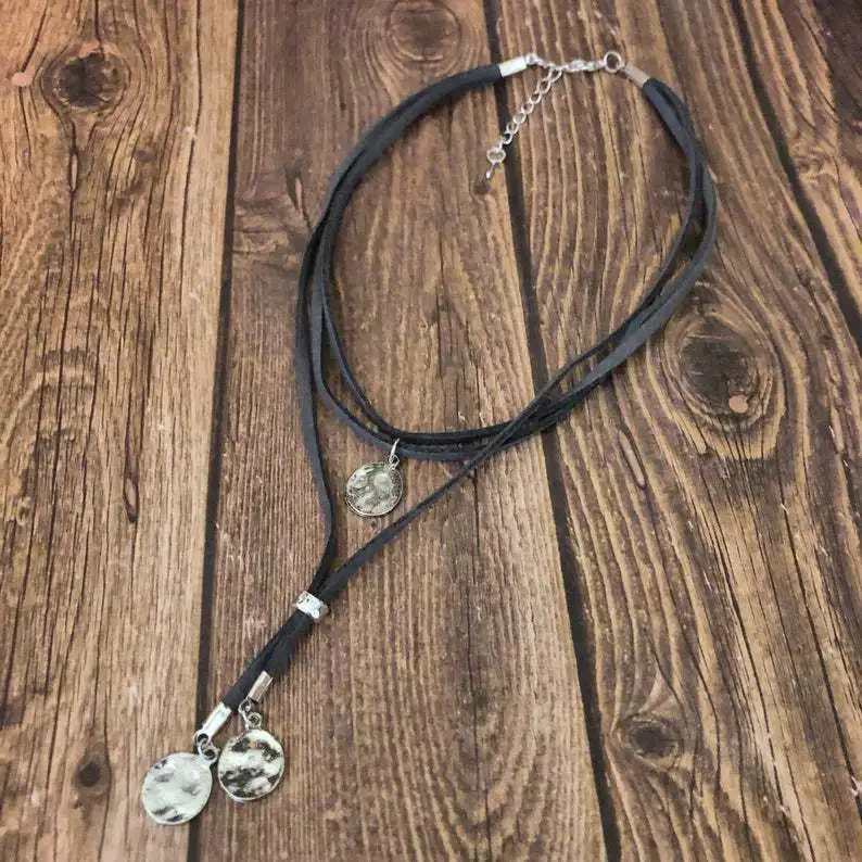 Boho Hammer Coin Disc Layered Velvet Rope Choker Necklace for Women Southwestern - view 5