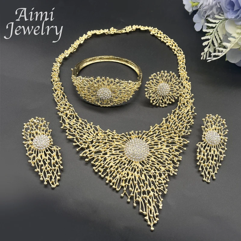 Original 18K Gold Plated Jewelry Set African Italian Necklace Earring Bracelet Ring Luxury Women Fashion Party Wedding Gifts