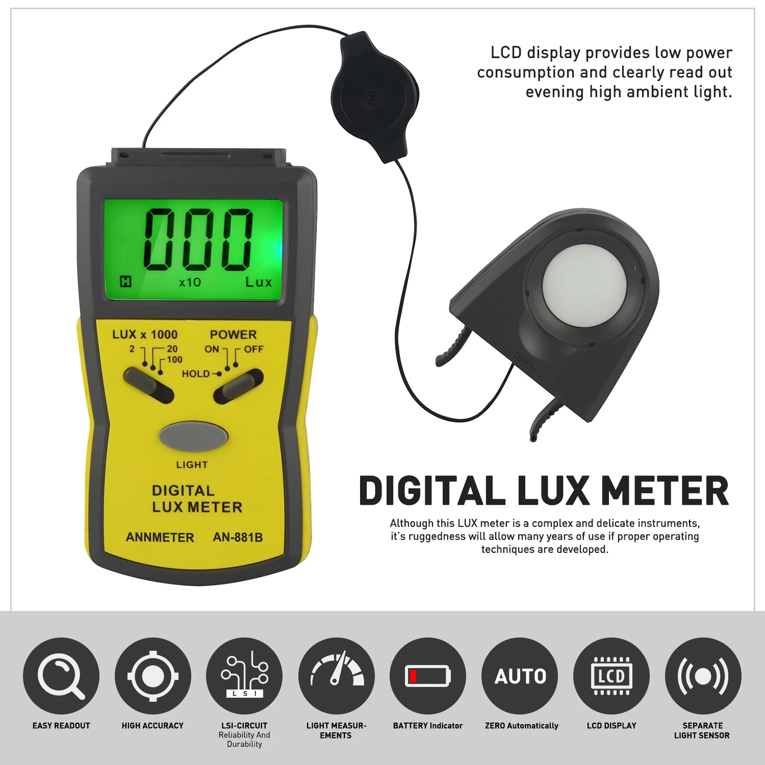

HP-881B Digital Lux Meter Light Meter 1-100,000 Lux Separate Sensor Backlight Data Hold Auto Zero