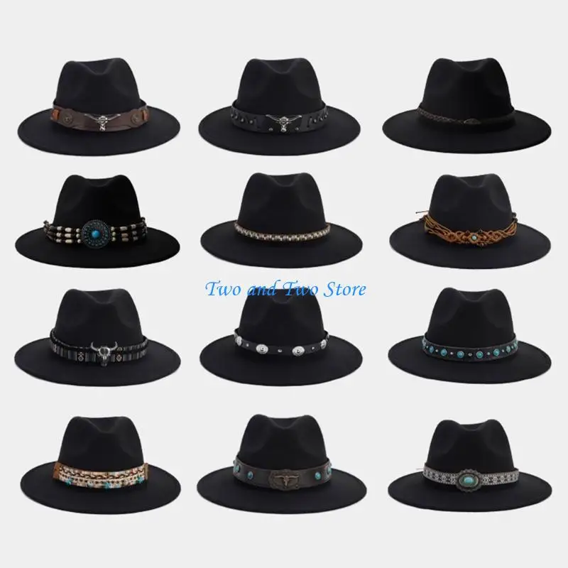 

HX6F Breathable Cowgirl Hat Woman Men Felt Cowboy Hat with Ethnic Hat Rope