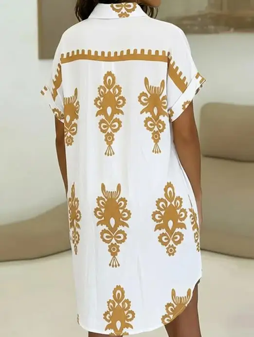 خمر الباروك وضع طباعة بدوره إلى أسفل طوق توالت الأصفاد زر أسفل قميص فستان المرأة فستان عطلة عادية مع جيوب #2