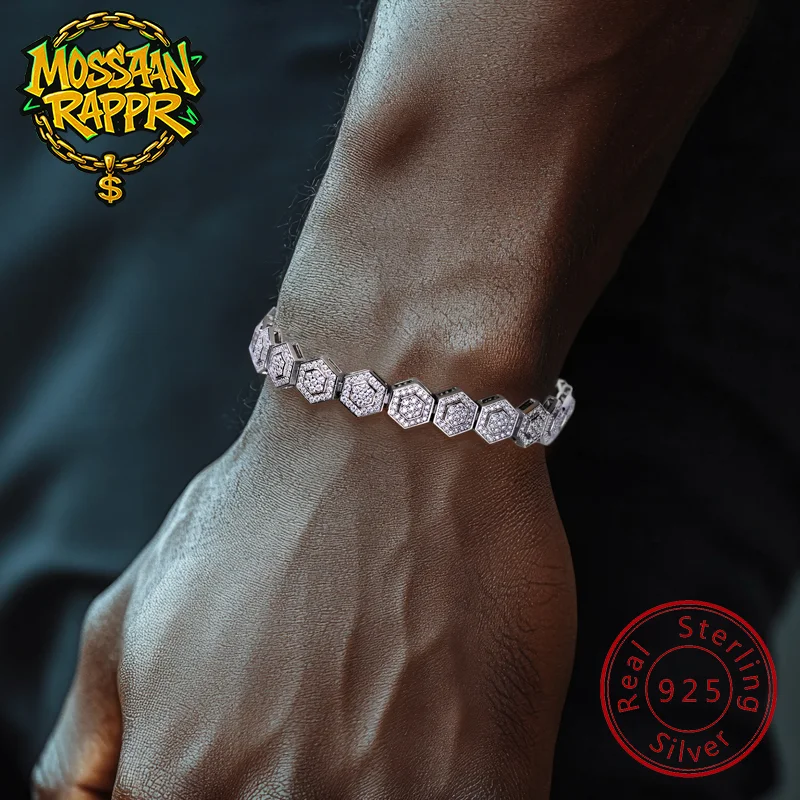 

MossanRappr Moissanite Hexagon Iced out Bracelet 925 Sterling Silver Hip Hop Bangle Fashion Streetwear Accessory for Men & Women