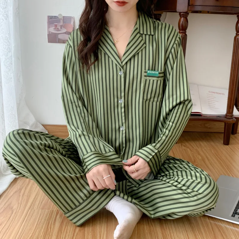 Women\'s Pajamas Sets Spring Autumn 2 Piece Striped Green Pyjama Faux Silk Satin Sleepwear Long Sleeve Pijama Mujer Pjs Homewear