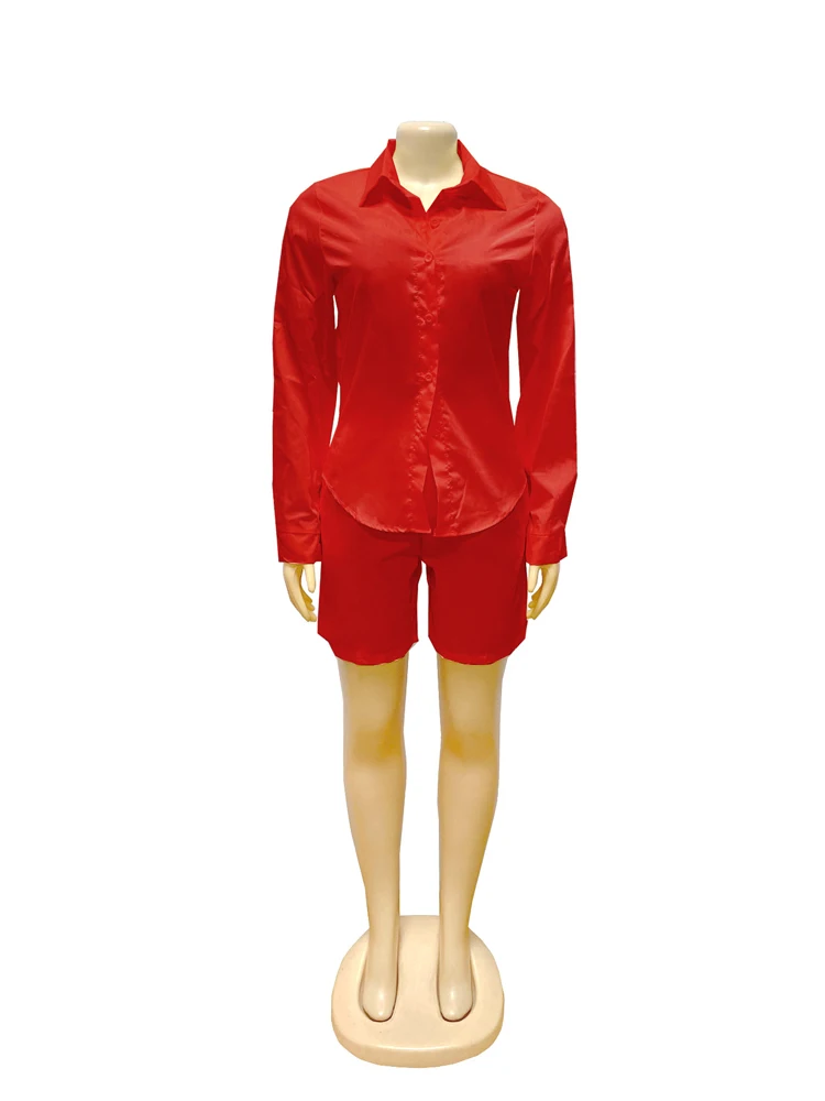Schickes 2-teiliges Set für Damen: Einfarbiges Langarm-Hemd mit Knöpfen und hochtaillierte plissierte Bermuda-Shorts, Büro-Outfit für Damen. – Detail 15