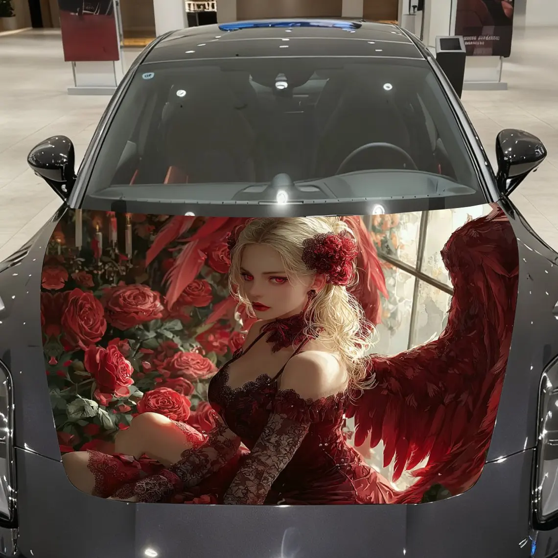 

Woman in Red with Wings Car Vinyl Wrap, PVC Material Waterproof Car Hood Sticker, Self-Adhesive Scratch-Resistant Stickers for E