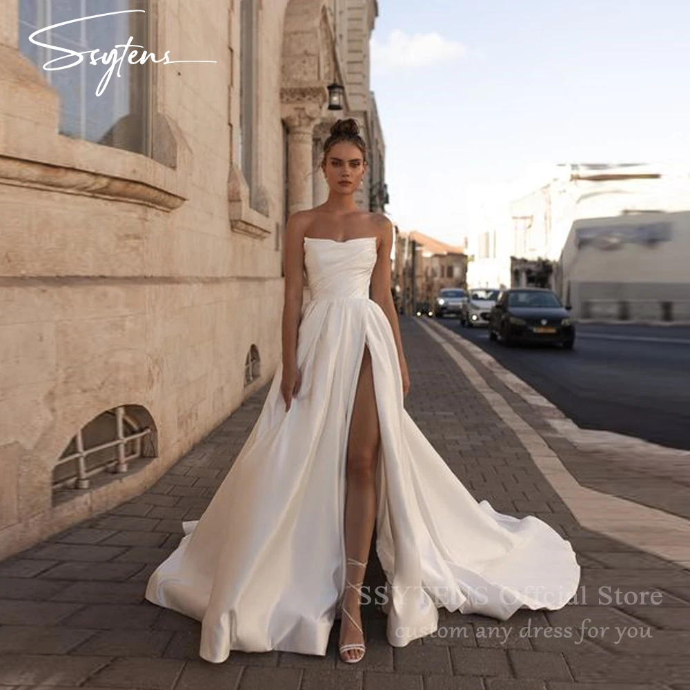 

SSYTENS Satin Wedding Dresses Strapless A-Line Bridal Gowns Princess Customzied Made High Split Wedding Gown vestido de noiva