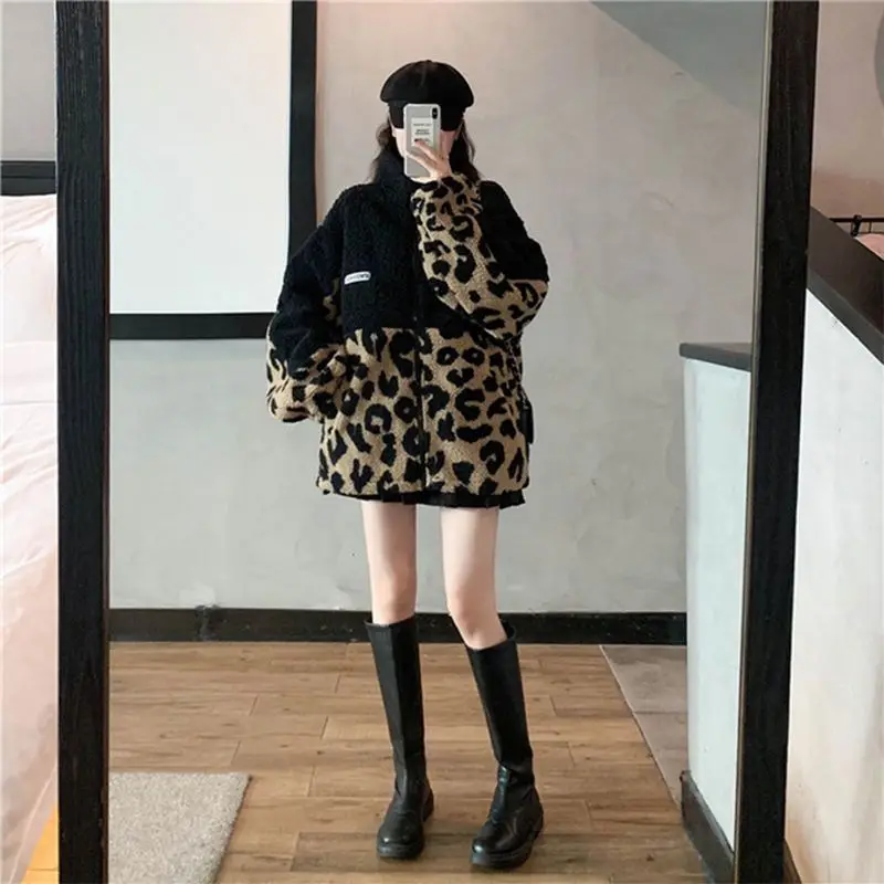 Autumn/winter Womens Patchwork Leopard Print Loose Thick Fleece Coat