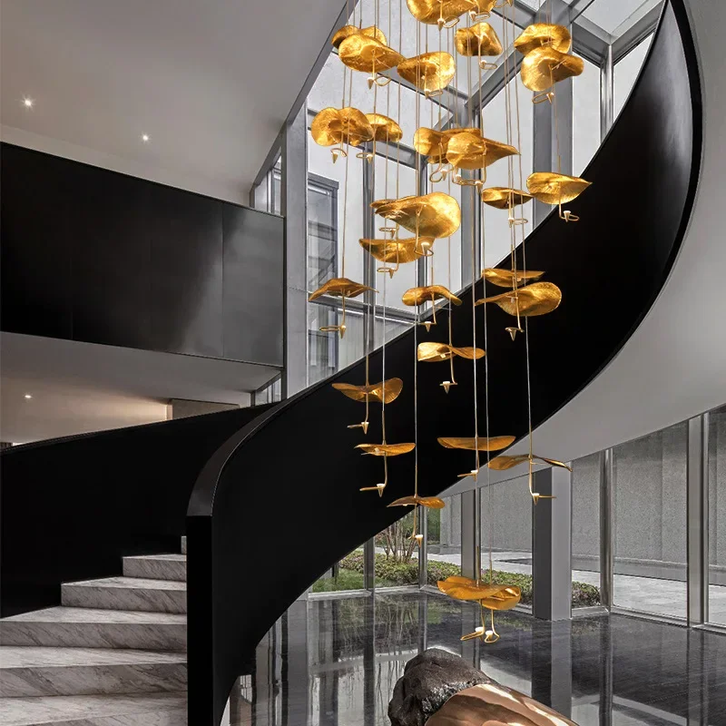 

2025 New Copper Lotus Pendant Light Large Modern Chandelier for Staircase Living Room Air Loft Floor Hanging Lamp Lustre Fixture