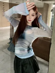 Yedinas Tie Dye Mesh Tops Long Sleeve Korean Fashion See Through T Shirt Women Clothes Korean Fashion Y2k Sheer Streetwear Tops
