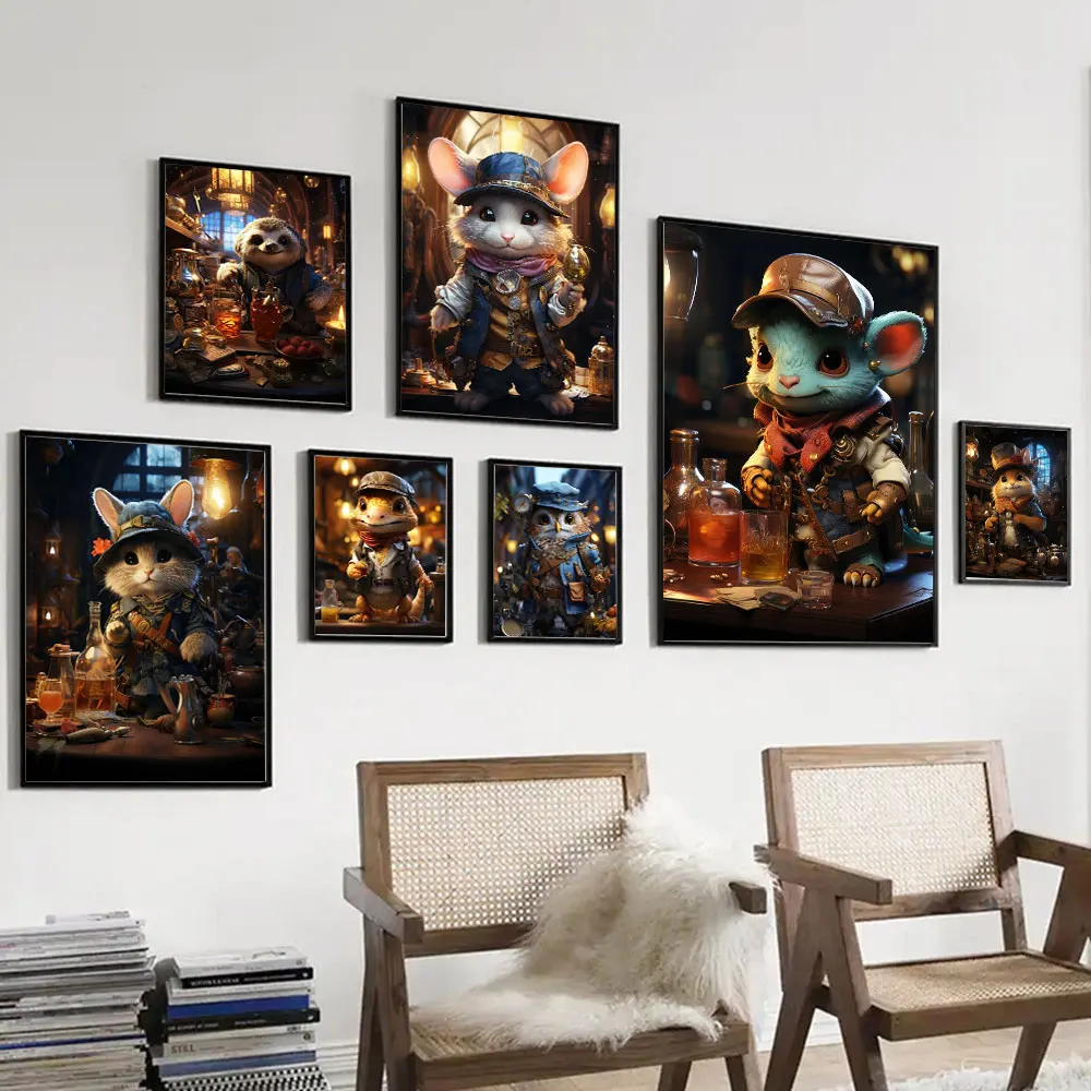 Steampunk Cute Animals Poster Print Fox Hedgehog Hamster Cat Canvas Printing Wall Art Pictures For Living Room Home Decoration