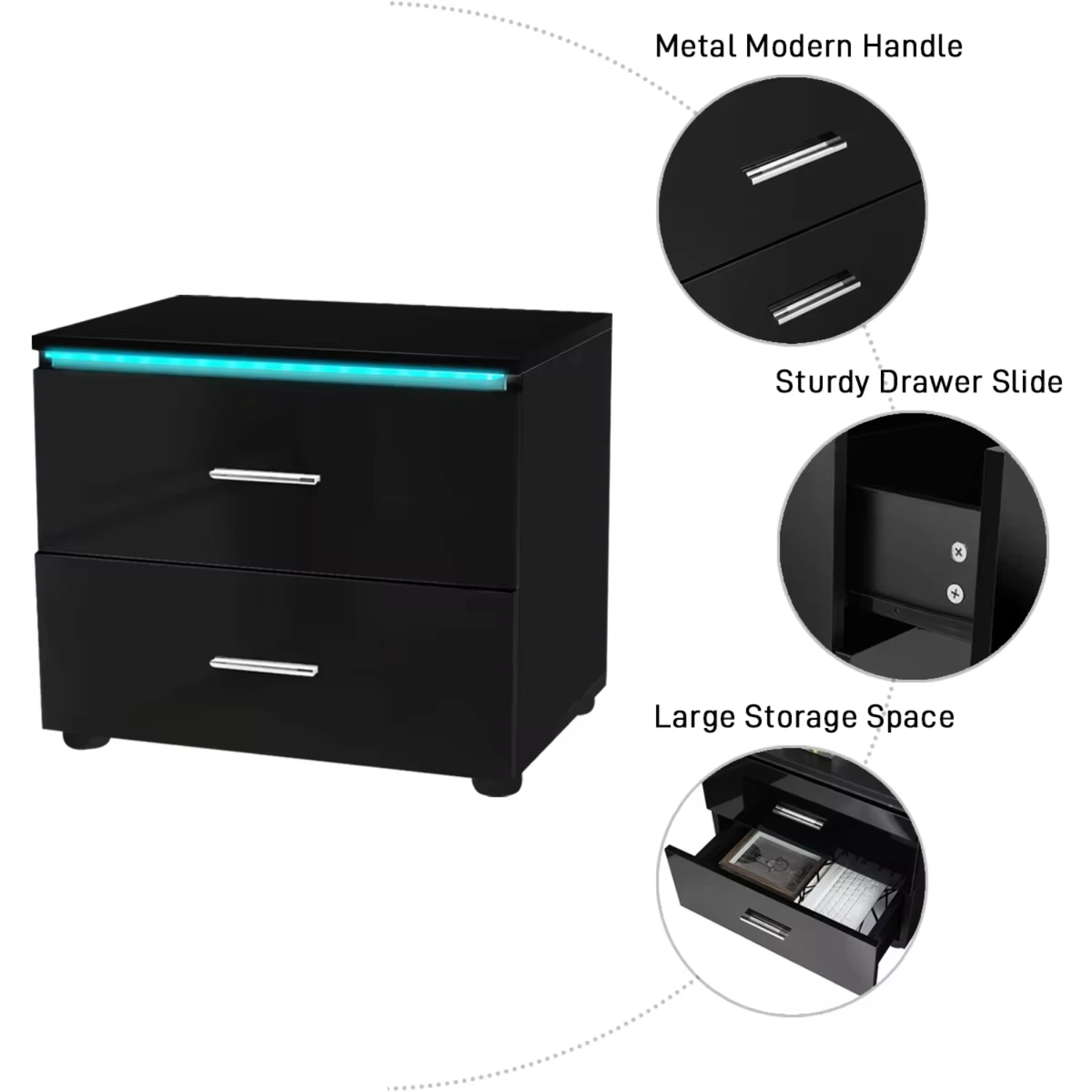 Modern Night Tables High Gloss  Light Nightstand with 2 Drawer 20 Modes  RGB Bedside Table  Bedroom Bedside Cabinet