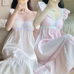 2022 Summer Sexy Lace Lingerie V-neck Cotton Nightgowns for Women Korean Long Dress Nightdress Sleepwear Night Dress Home Nighty