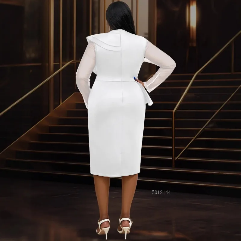 L-4XL Африканские платья больших размеров для женщин, осеннее элегантное африканское сетчатое белое облегающее платье миди с длинными рукавами, африканская одежда 2026